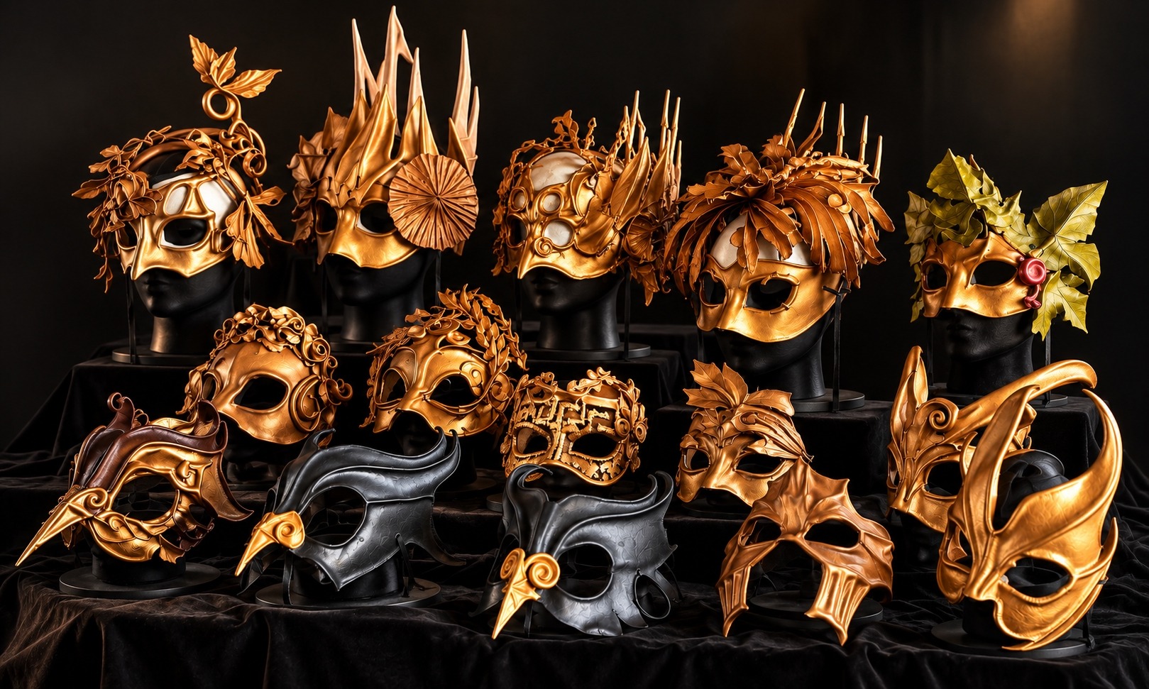 MASKES handmade leather mask rental collection displayed in a dark gallery setting